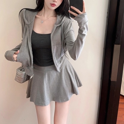 【2点セット】2色／ジップアップフーディー＋フレアスカート ・13323