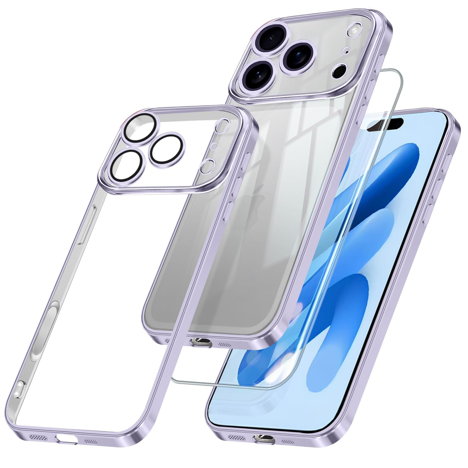 Zabarsii iPhone 18 Pro 用 ケース クリア ガラスフィルム アイフォン 17Pro カバー あいふぉん18Pro 薄紫
