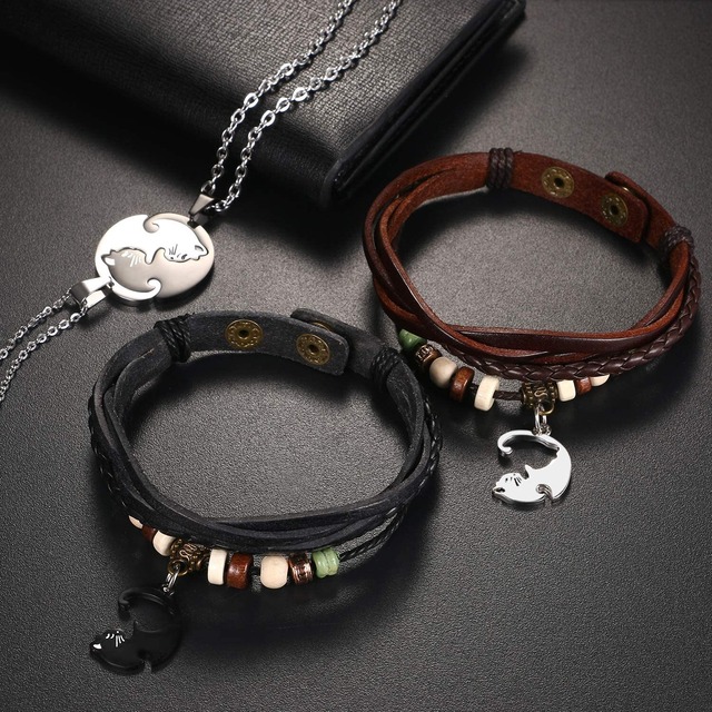 [Aroncent] ペアネックレス 猫 ペンダントトップ ペア ブレスレット カップル 4点セット カジュアル 普段使い ファション カップル アクセサリー 誕生日 記念日 バレンタインデー クリスマス 彼氏彼女 プレゼント