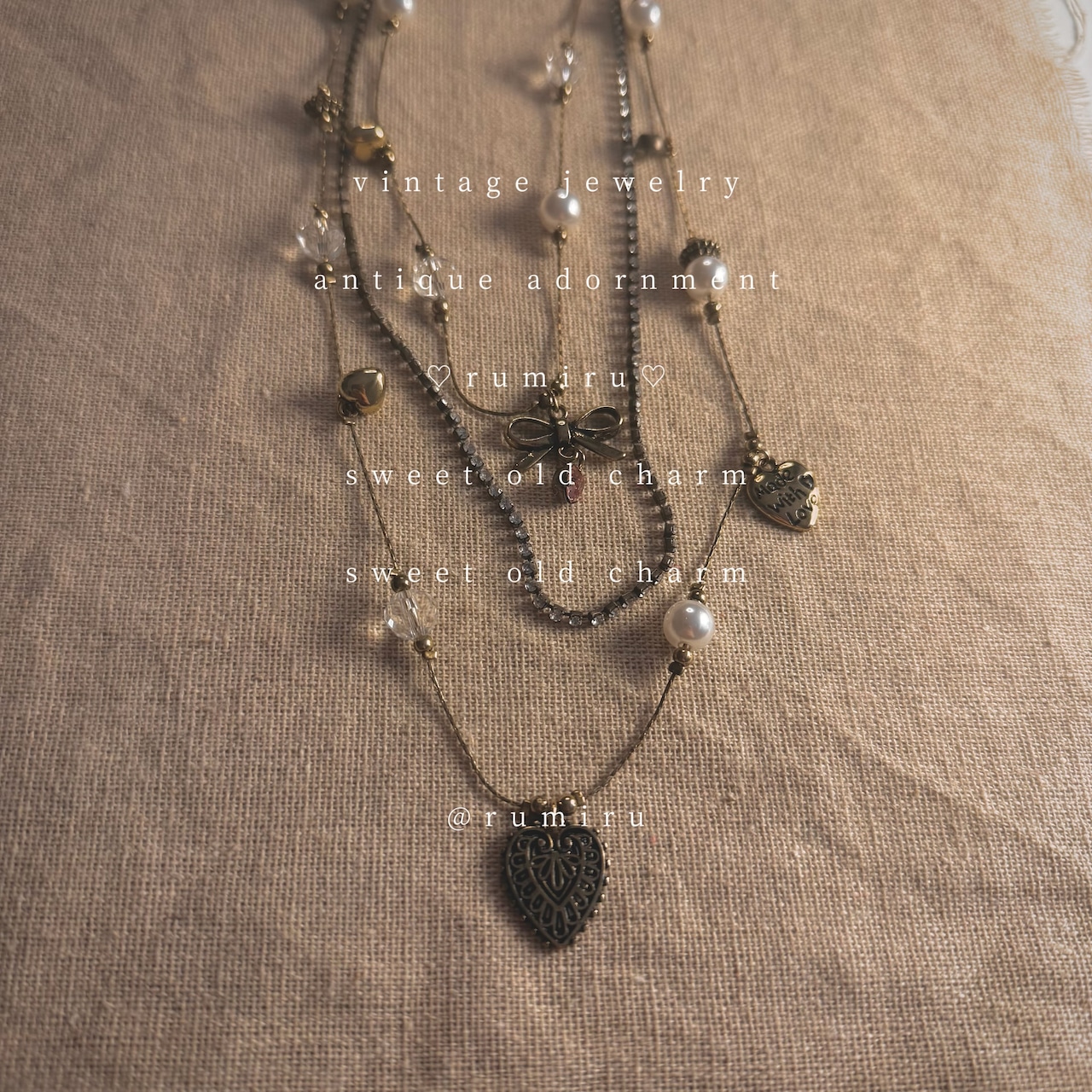 ハンドメイド ノスタルジックリボン 煌めく ビーズ クラシック 三連 ネックレス - 2