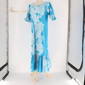 フラダンス 衣装 ワンピース ドレス ブルー系 ホワイト系 ハイビスカス柄 モンステラ柄 フリル かわいい 華やか 鮮やか 明るい 爽やか 水色 白 ダンス衣装 ハワイアンダンス レディース ハワイアン アロハ ハワイアンプリント フラ ダンス レッスン 練習