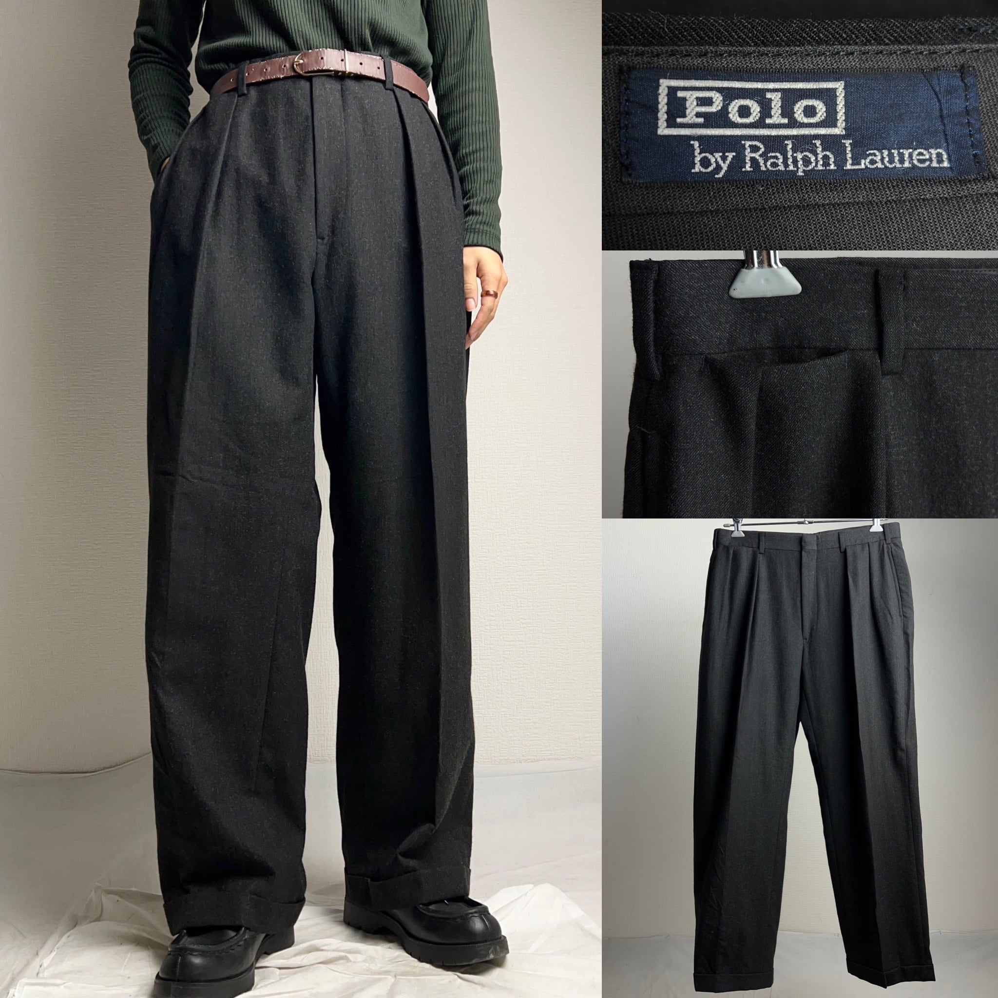 90's Polo by Ralph Lauren IN-TUCK Wool Slacks W35 90年代 ポロラルフローレン インタック  スラックス 2タック ダークグレー【1000A364】【送料無料】