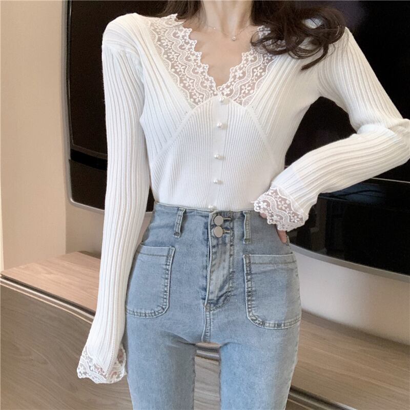 ニット レースホワイトシャツ スプリングセーター 春物 ステッチ ブラックストロベリース52114840002