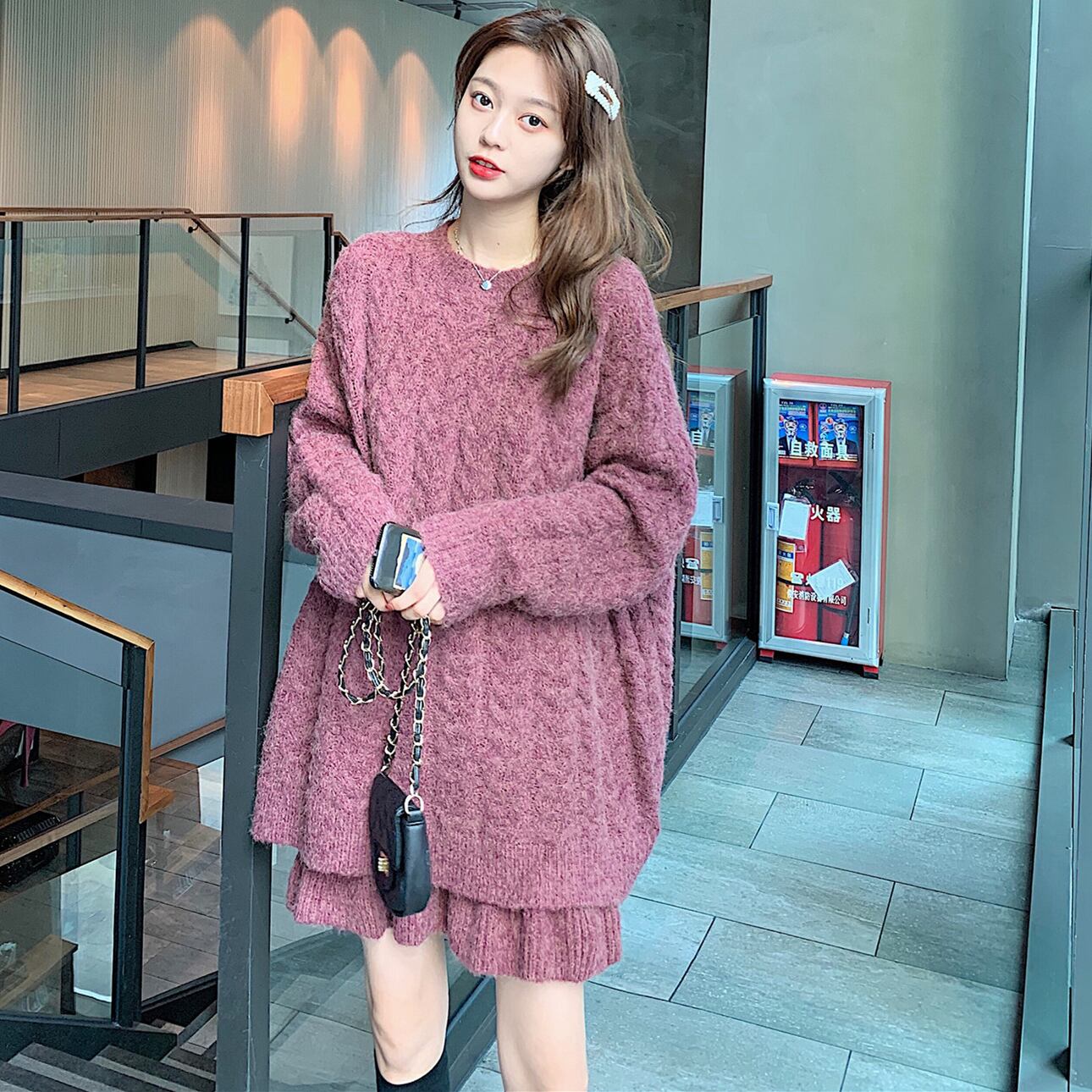 レトロ ガーリー ニット セットアップ レディース ツーピース セーター トップス スカート ミニ丈 ニットスカート ケーブルニット フリル ケーブル編み ショート丈 クランベリー コーヒー ゆったり ルーズ ビッグシルエット バックコンシャス カジュアル ゆるカジ ゆる