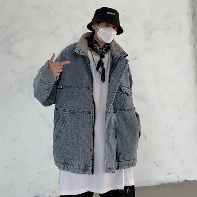 予約販売】デニムブルゾン アウター ボア襟 防寒 ブラック ブルー 冬