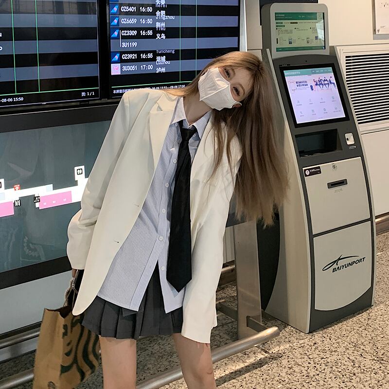 オータムレディースシャツ ホワイトルーズカジュアルジャケット ロング 秋物 ストライプ ドラファッションホール14191195863