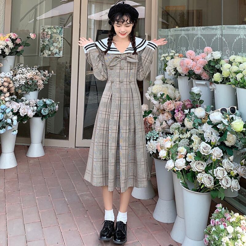 ハイウェストウェストスリムネイビーカラースタンダード格子柄長袖スリーブドレス スプリングスカート ロング レトロ 春物 萌量不足52282169763