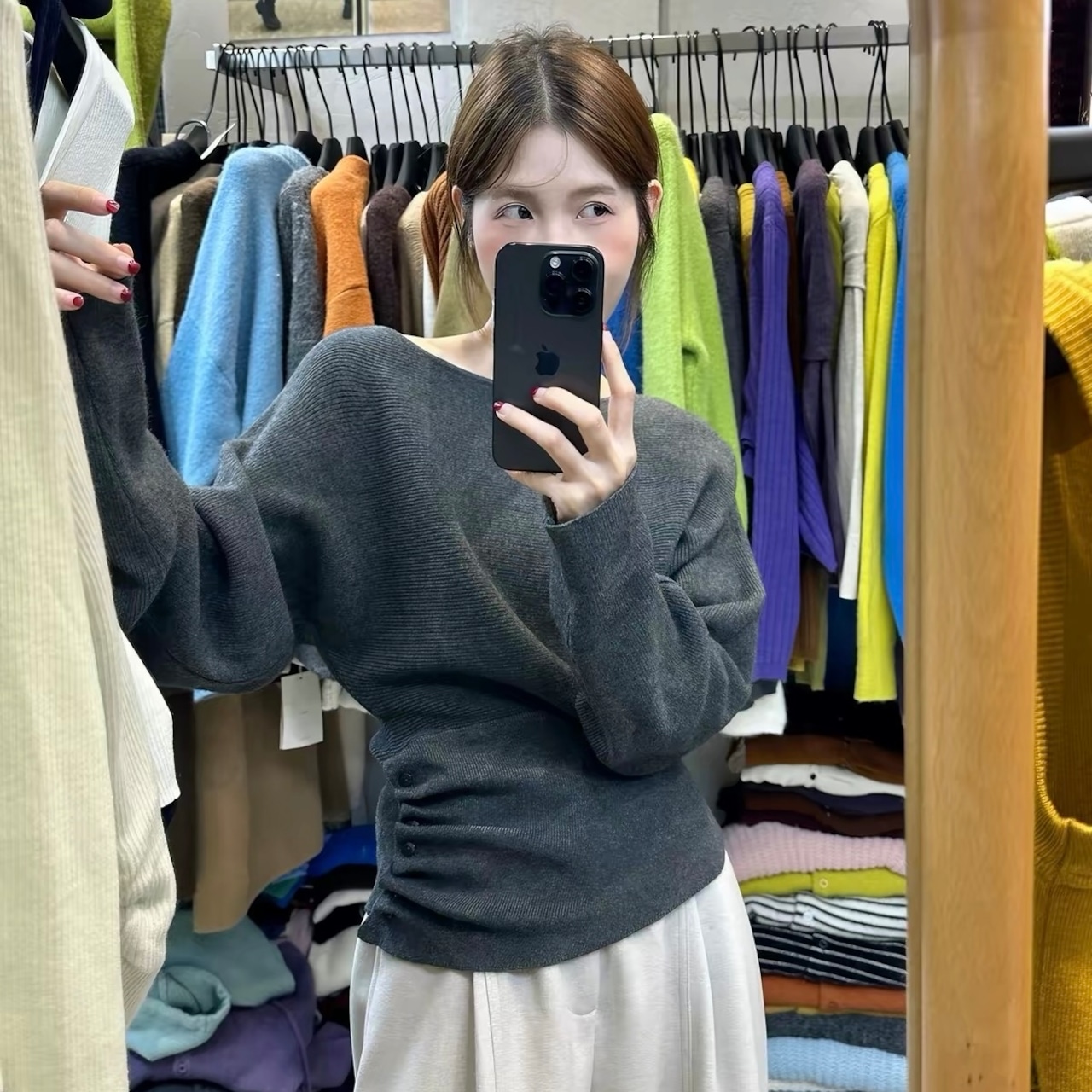 Side-Button Pleated Long-Sleeve Knit Top