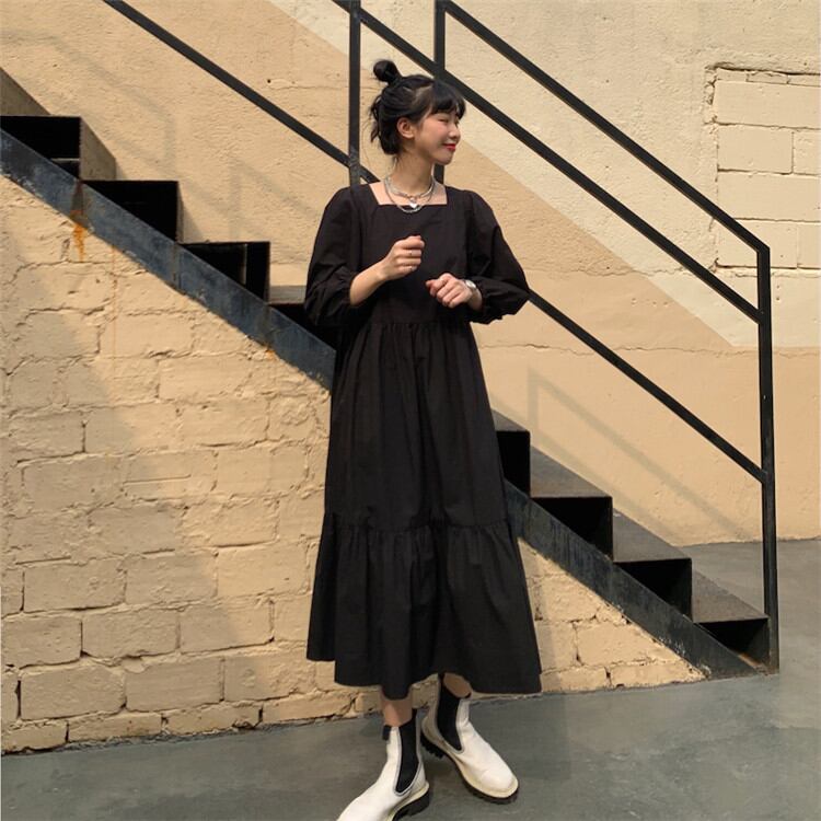 パフスリーブ 小さい新鮮な スリム 新品 スクエアネック 長袖 ロングスカート トレンド