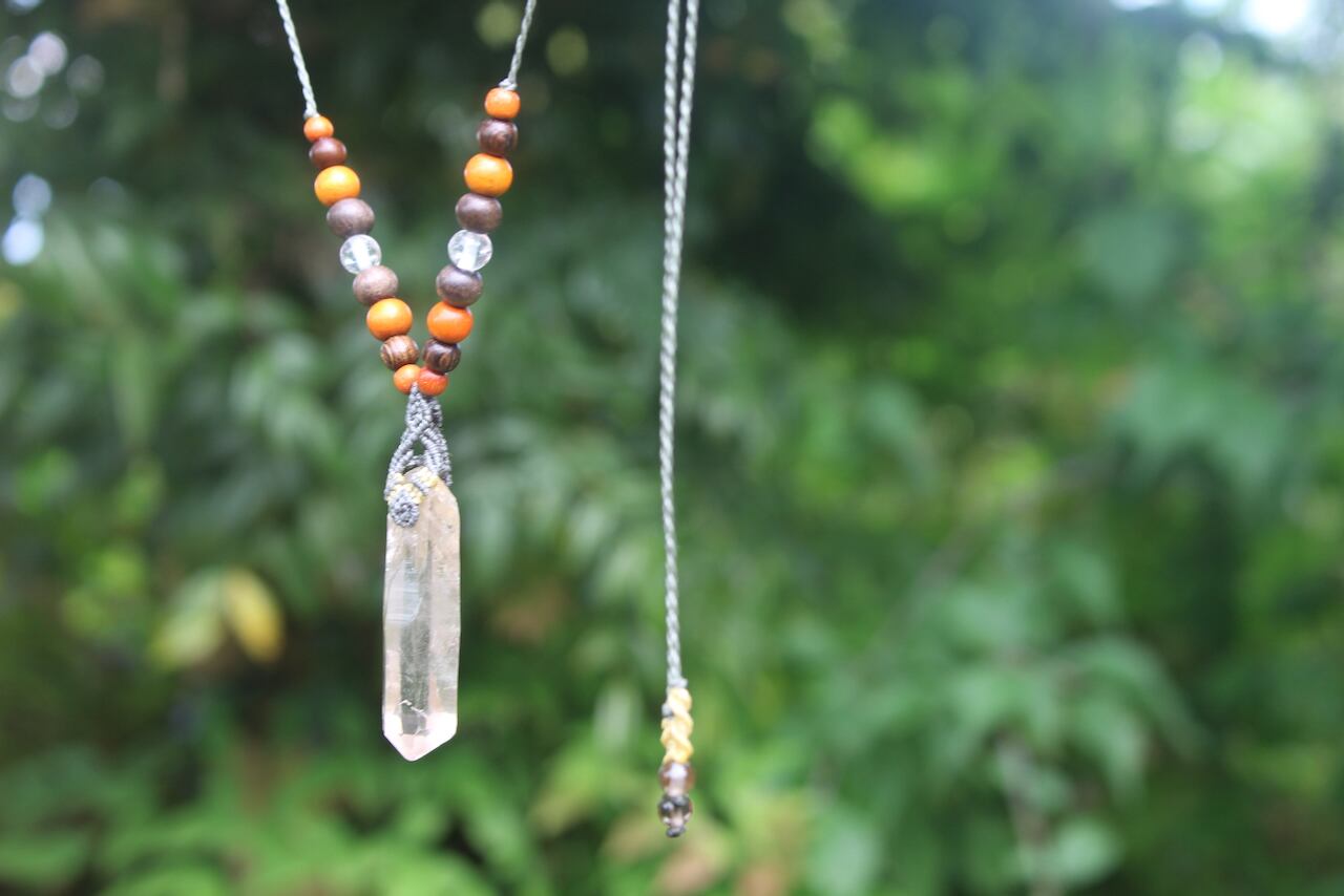 Himalayan crystal micro macrame wood pendant