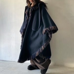 fringe design hoodie poncho coat