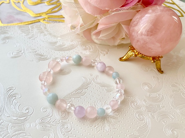 パワーストーン ハートリボンブレスレット  ローズクォーツ アマゾナイト ラベンダーアメジスト  15.5㎝ 