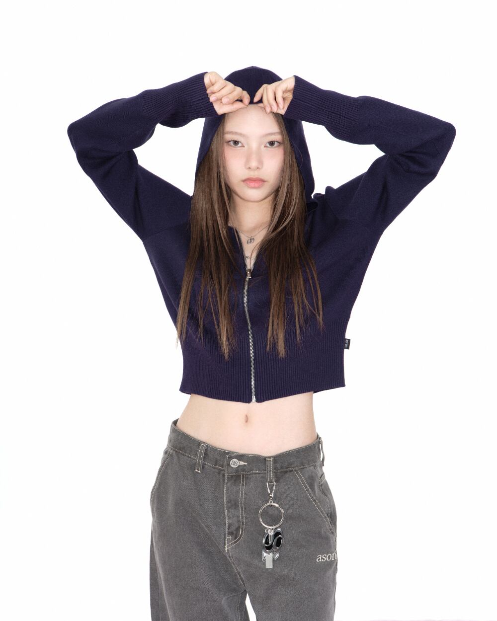 as”on] PUNCHED KNIT HOOD ZIP-UP / NAVY 正規品 韓国ブランド 韓国