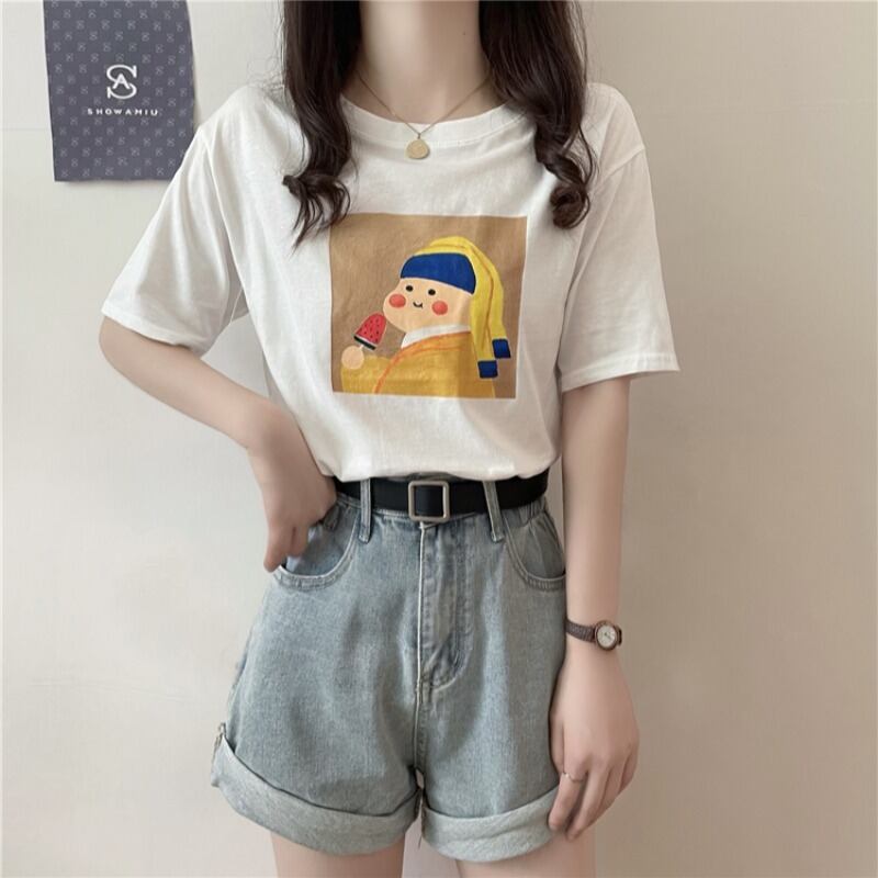 サマールーズ薄手プリントラウンドネックTシャツ ホワイトカジュアルトップス 夏物 Oネック YY-ファッション6040814587