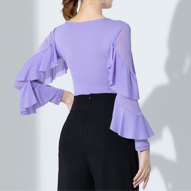 フレアスリーブ Vネック フリル ダンストップス (レオタードタイプ選択可) ds1106