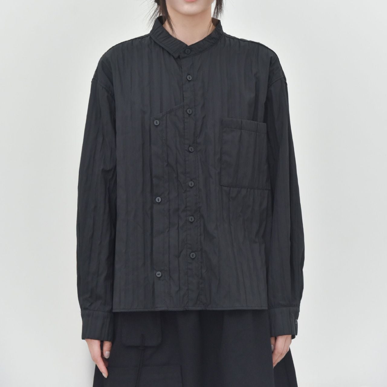 SOLID 3D STRIPE ASYMMETRIC COLLAR DESIGN SHIRT 3color M-16117