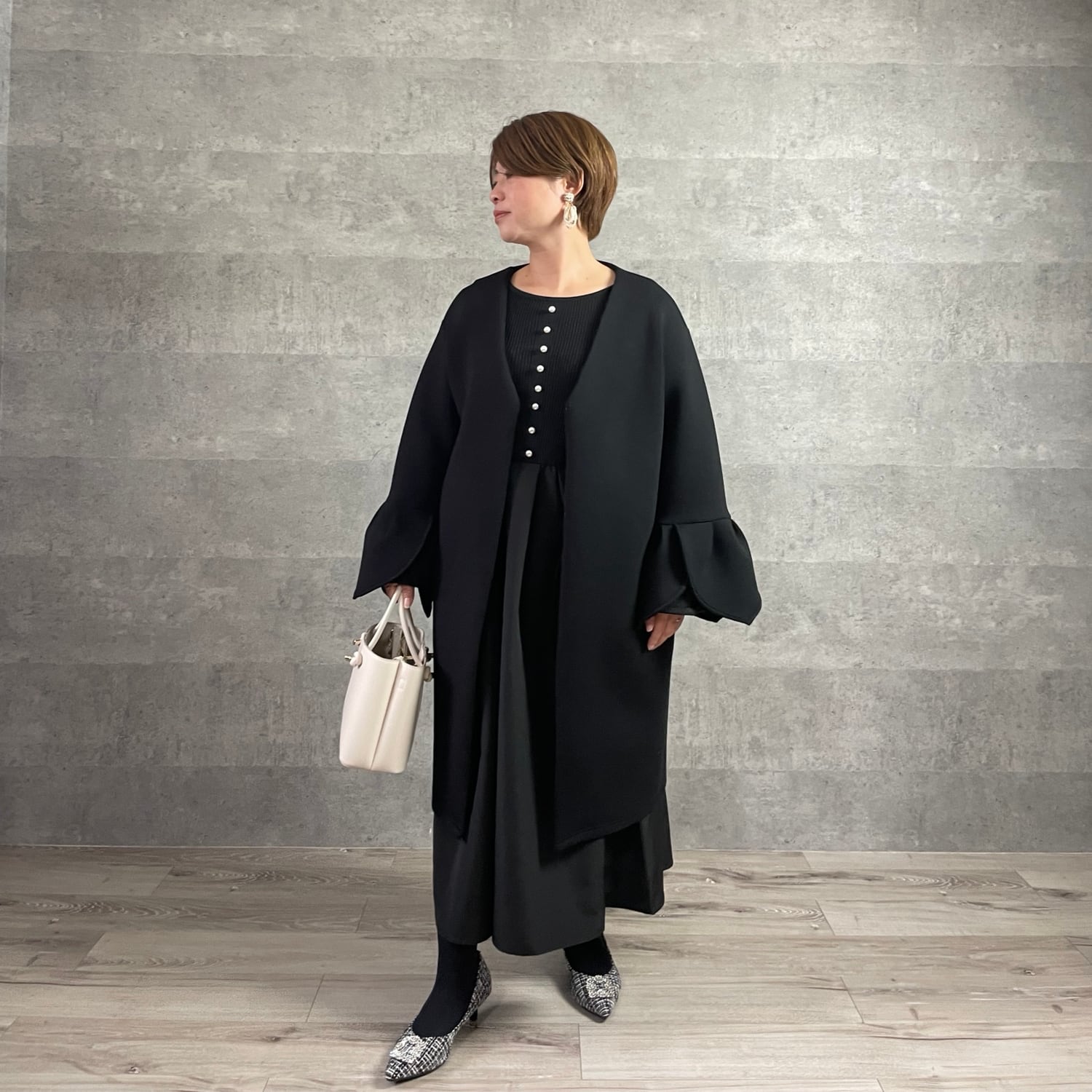 SALE【小柄S】長さ選べる パール付きお袖フレア2wayニット切り替え