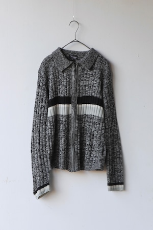melange rib knit zip cardigan