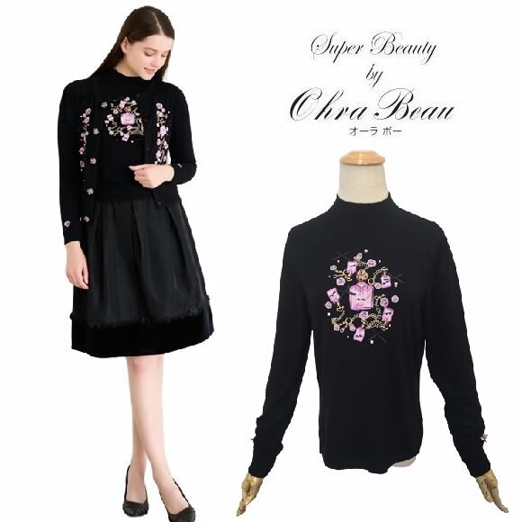 スーパービューティー セーター 香水瓶&花刺しゅう入り ハイネック