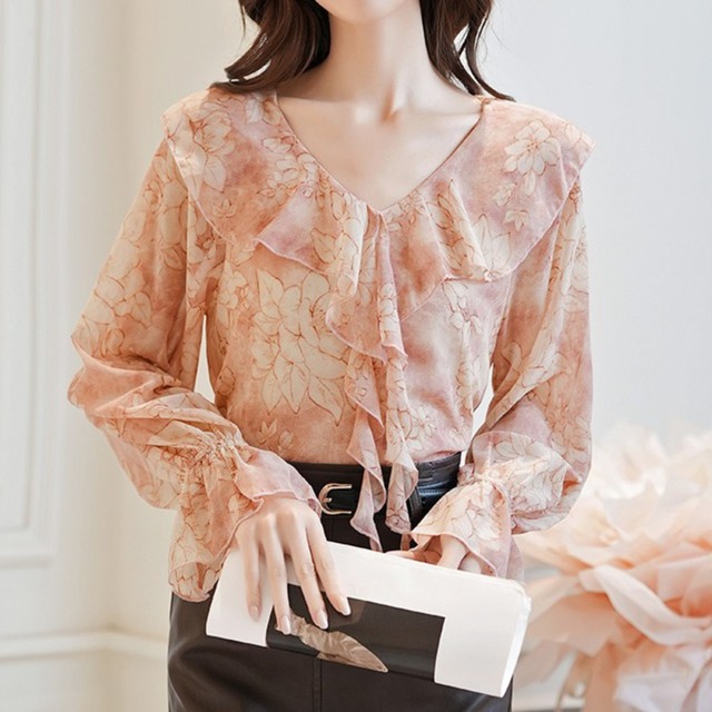 Chest ruffle elegant flare sleeve chiffon shirt