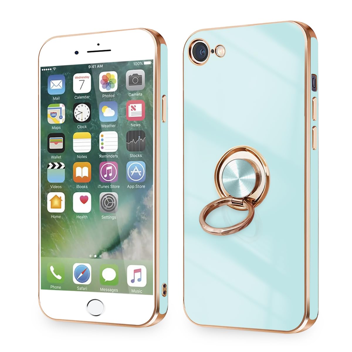 Majiyana for iPhone SE2/SE3/7/8 用の ケース リング付き 360°回転 スタンド機能 耐衝撃(ライトシアン)