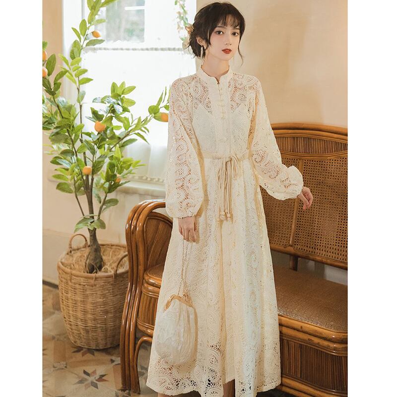 華莎之城シリーズ チャイナ風ワンピース レースワンピース 女性らしい ベージュ パフスリーブ レトロ Elegant