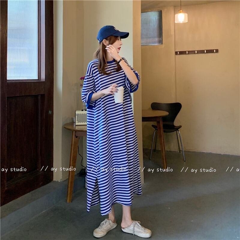 ルーズストライプTシャツ ドレス サマー薄手スカート カジュアル 夏物 ブラックストロベリース35954825868