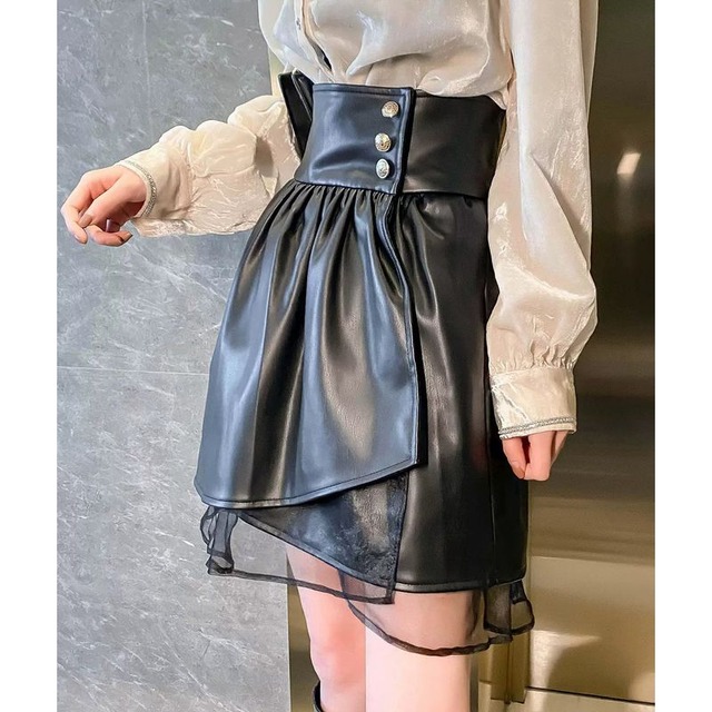 Tulle docking leather skirt　a00503