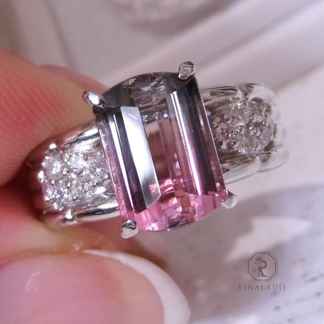 大特価Pt900天然バイカラートルマリン☆静かなる白夜の光のリング