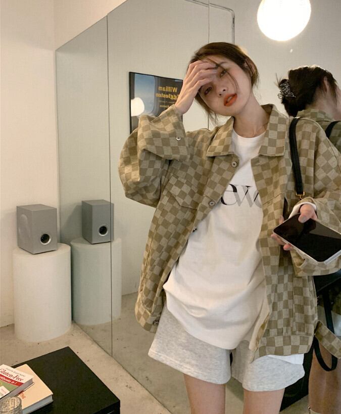 ルーズ格子柄トップス オータムスタンダードジャケット ロング レトロ 秋物 モンロー96185594757