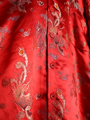 "龍" full pattern glossy fabric special open collar s/s shirt