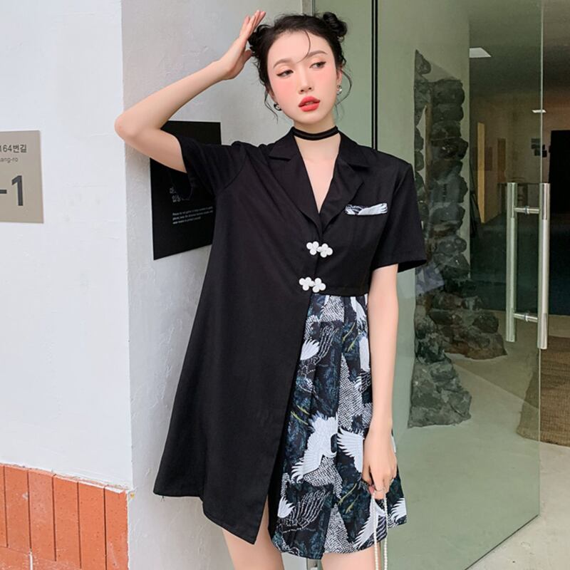 菲娜蘇シリーズ チャイナ風ワンピース シャツワンピース 切り替え 鶴 ゆったり Vネック S M L 黒い Elegant 菲娜蘇シリーズ チャイナ風ワンピース シャツワンピース 切り替え 鶴 ゆったり Vネック S M L 黒い Elegant