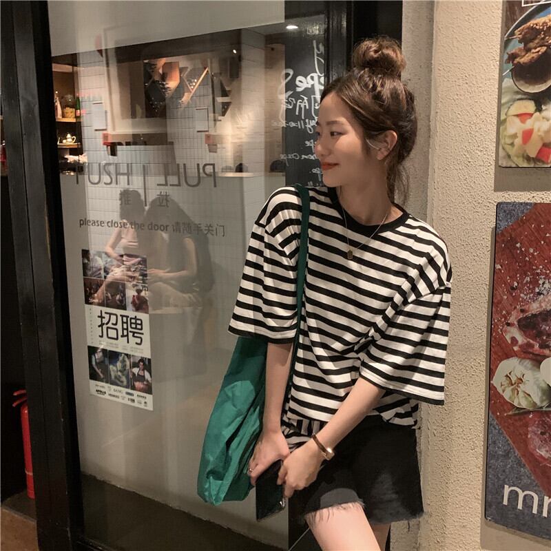 ルーズ薄手Tシャツ サマーストライプトップス 夏物 モンロー10753269152