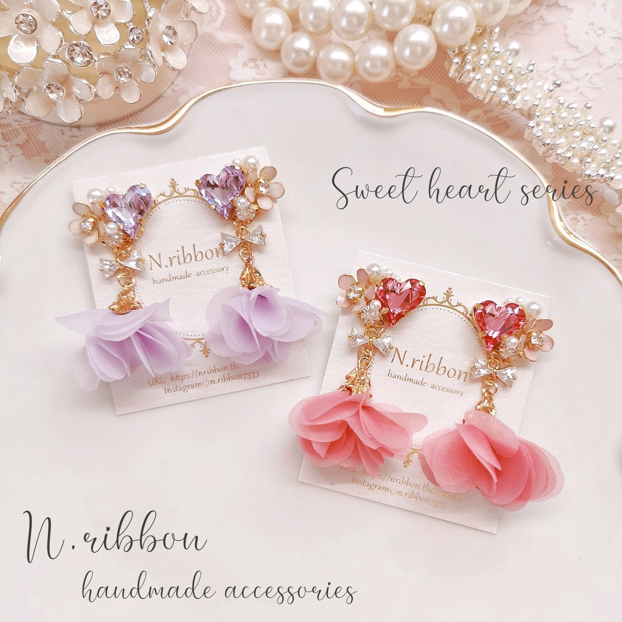 《 sweet heart bijou × flower tassel 》スウィートハートビジュー フラワータッセル ピアス/イヤリング |  N.ribbon ＊handmadeaccessories＊ powered by BASE