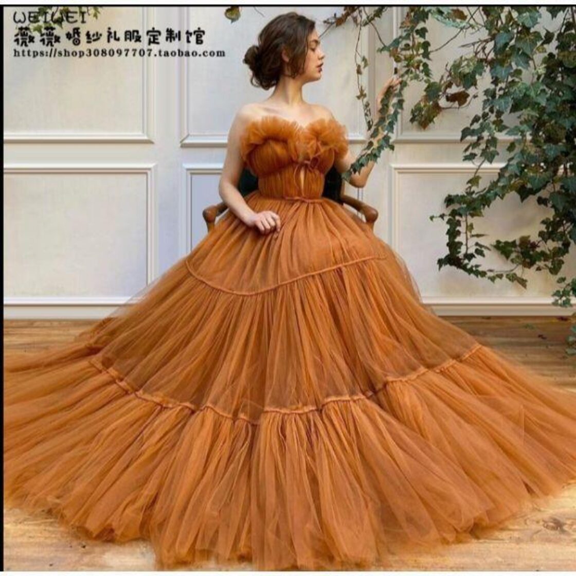 カラードレス オレンジ 光沢サテン ベアトップ 二次会 前撮り（高品質  