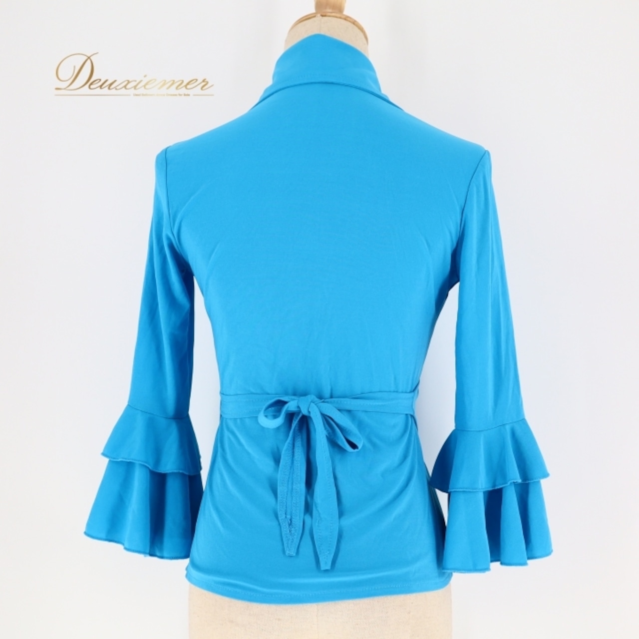 フラメンコ 衣装 トップス ブラウス ブルー系 イチオク 無地 シンプル 練習 レッスン 伸縮 ストレッチ 水色 ICHIOKU フリル ボランテ 長袖 鮮やか 華やか 襟 上品 かわいい イベント ステージ ダンス衣装