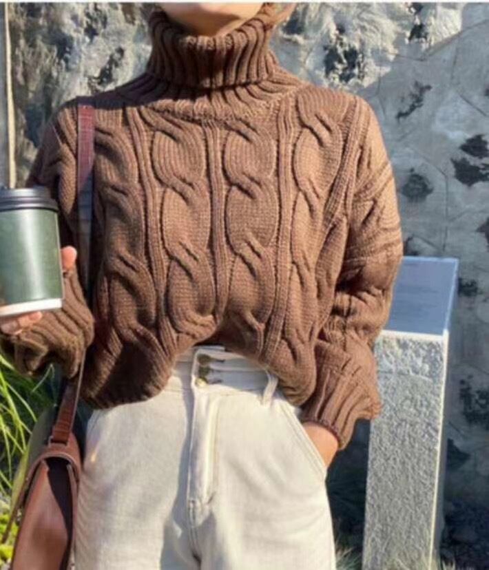 タートルネックケーブル編みニット