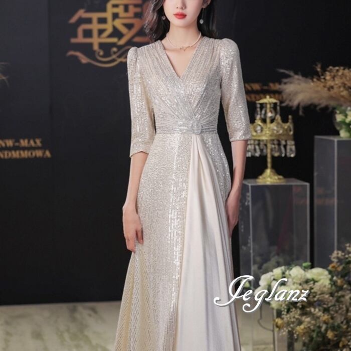 華やか パーティ イブニングドレス 異素材 コンビ スパンコール 光沢 7分袖 (M8920)ζ