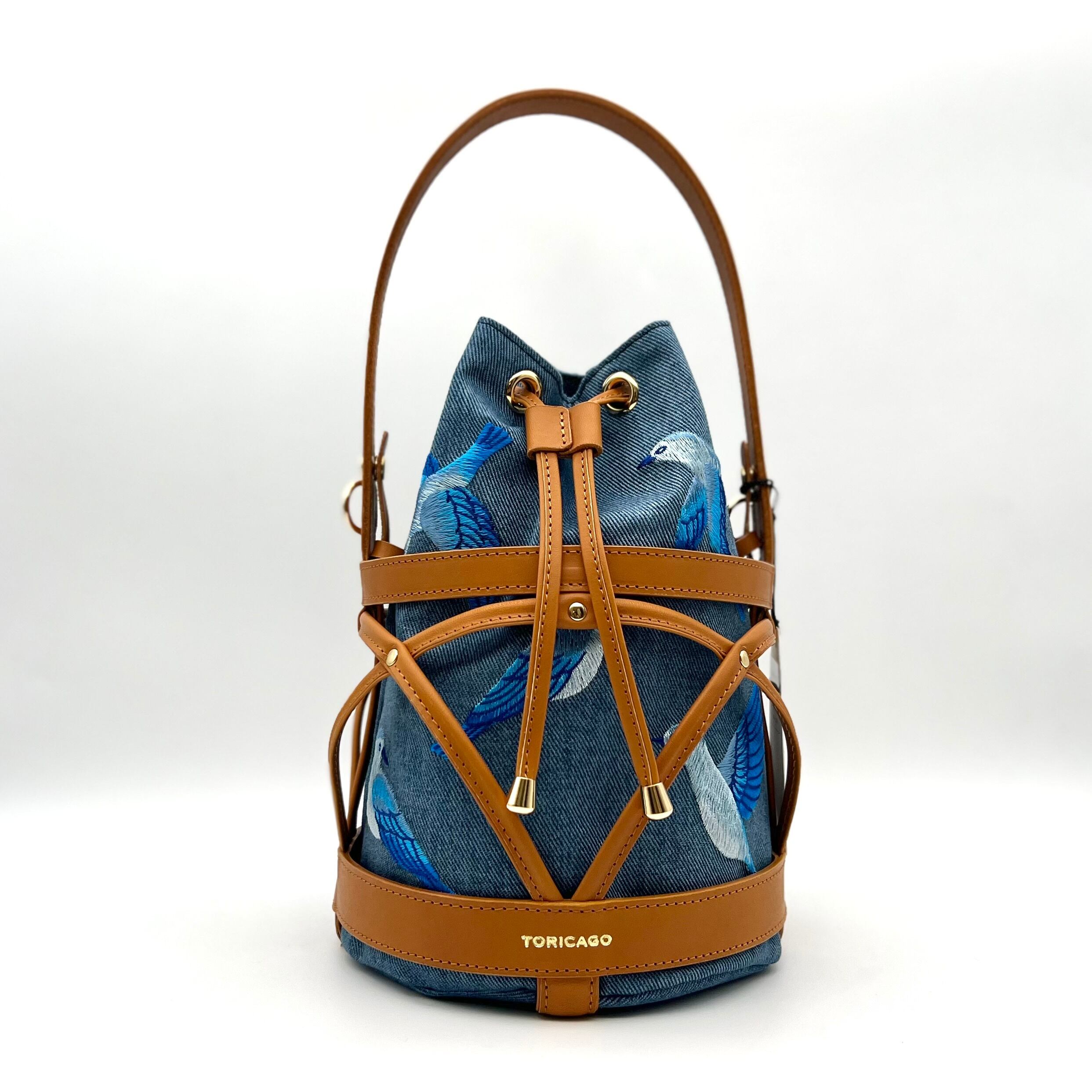 TORICAGO_青い鳥◇デニム×キャメル◇金具ゴールド】鳥籠モチーフ