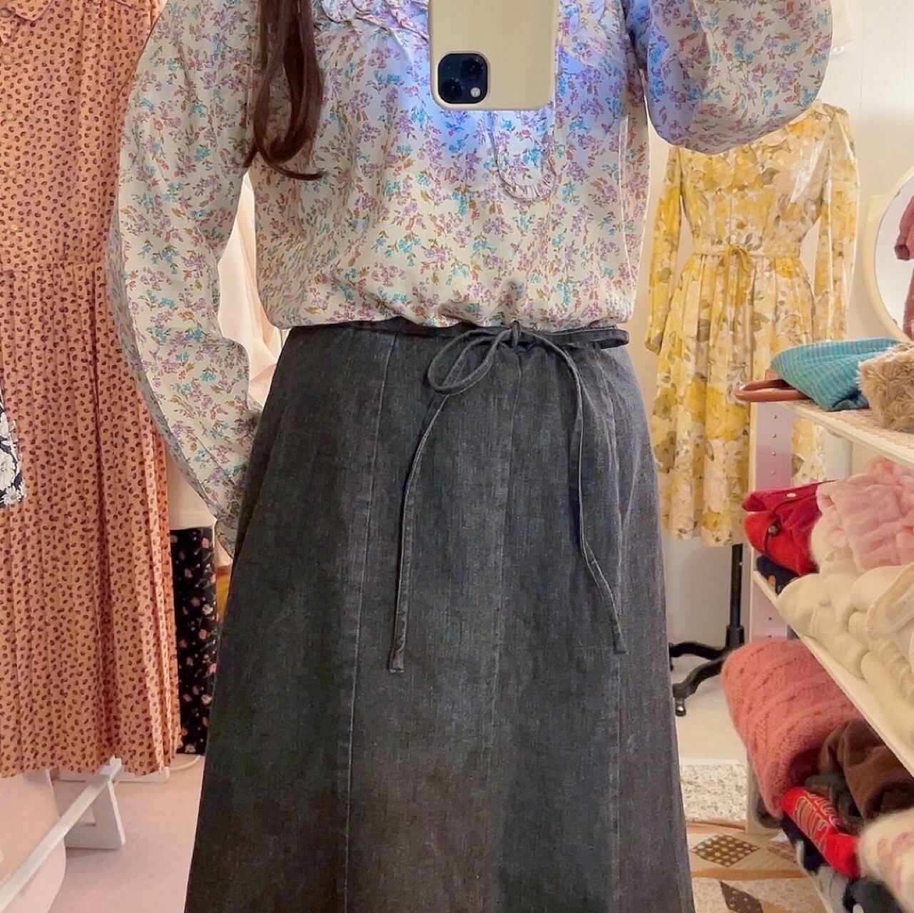 black denim seams flare skirt