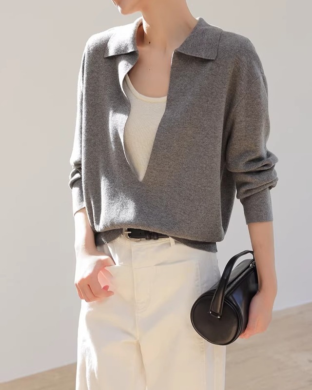 Open Collar Long Sleeve Knit Polo Shirt    L0041