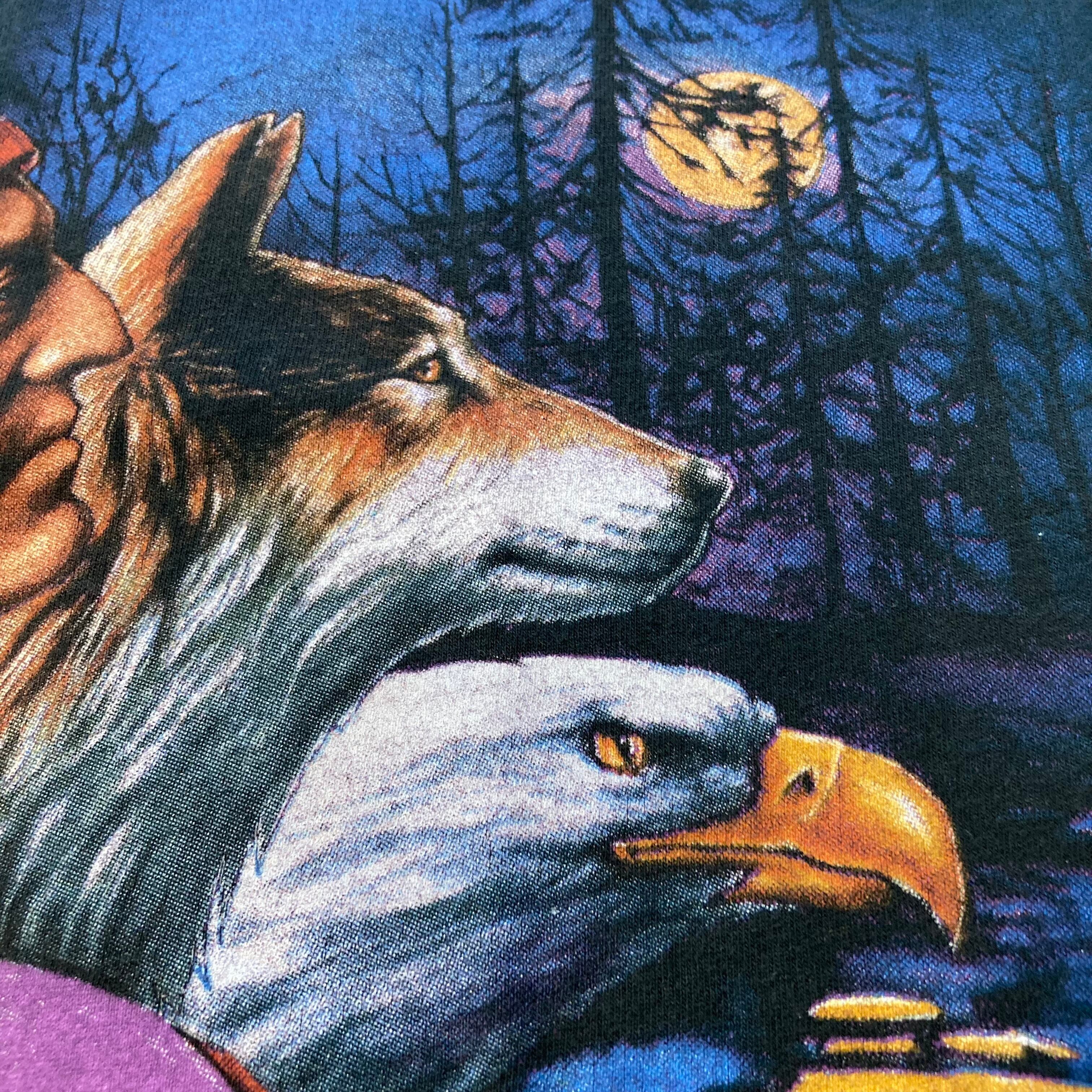 90s USA製 ビンテージ ネイティブ インディアンヘッド ウルフ Tシャツ