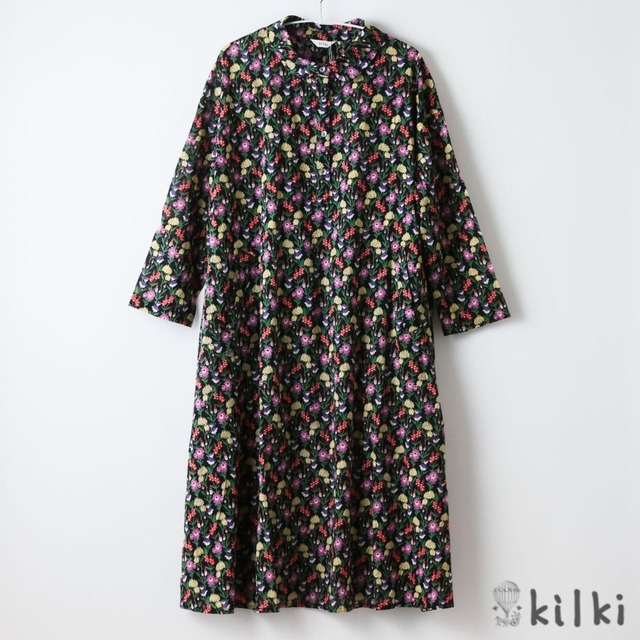 KILKI キルキー 黒 ワンピース ポケット付き レディース ブルーミンググローブ 長袖 体型カバー ナチュラル シック 綿 コットン 100% ボイル 素材 インド製 花柄 かわいい 大人 ハンドメイド ギフト プレゼント ブラック 5S-D42 Kl003
