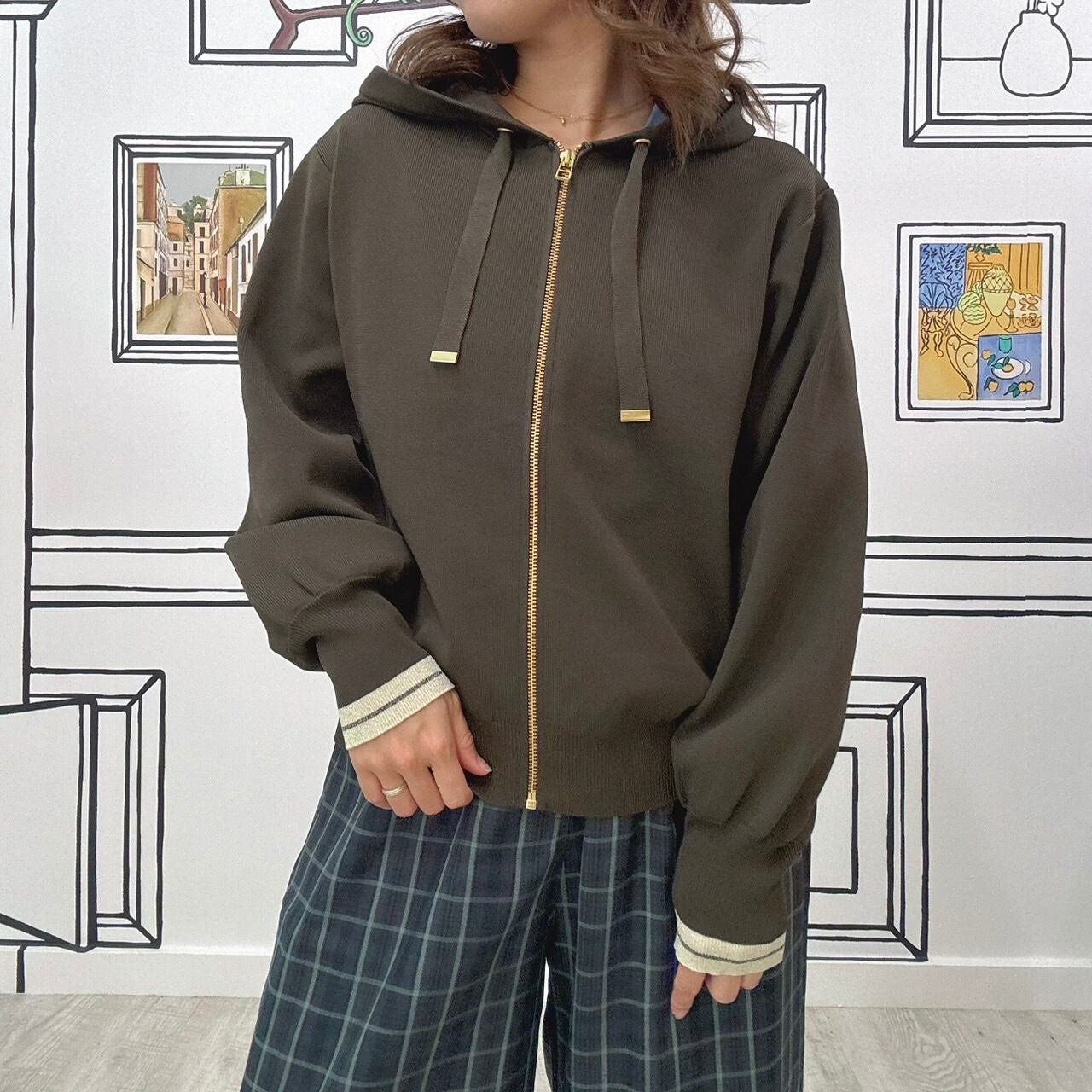 ラメ配色ラインニットパーカー