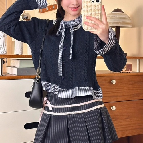 2色／ポイントチェックリボンニットトップス ・71580