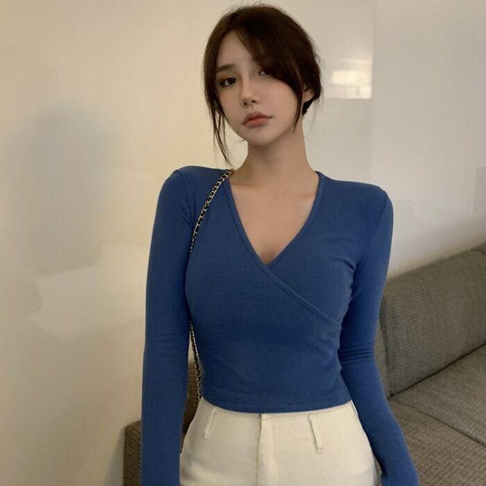 ソリッド カラーシャツ スプリングスリムVネックTシャツ ショートトップス レディース ロング 春物 ソリッドカラー YY-ファッション96308775025