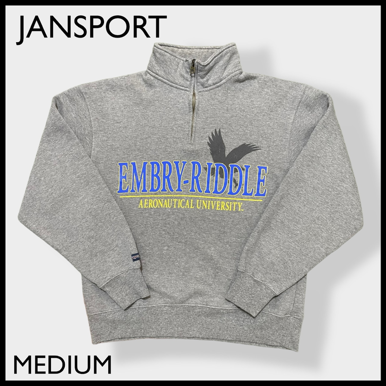 【JANSPORT】メキシコ製 カレッジ エンブリーリドル　航空大学 Embry-Riddle Aeronautical University ロゴ ハーフジップ スウェット プルオーバー MEDIUM ジャンスポーツ US古着