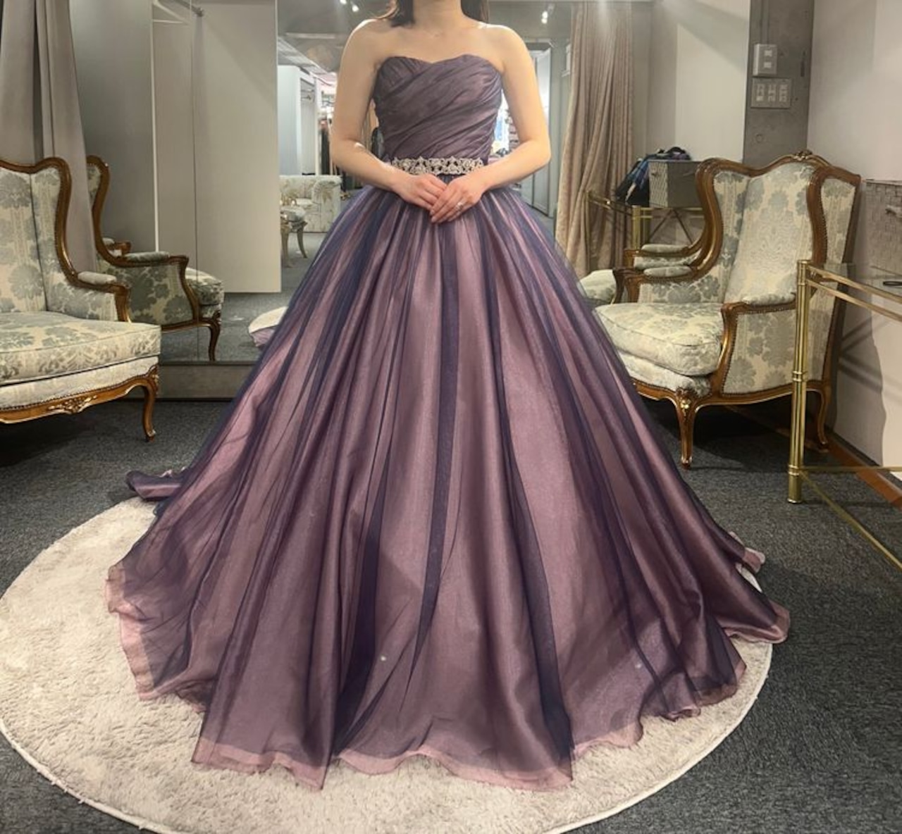 高品質！ カラードレス パープル ハートネック 編み上げ リボン  