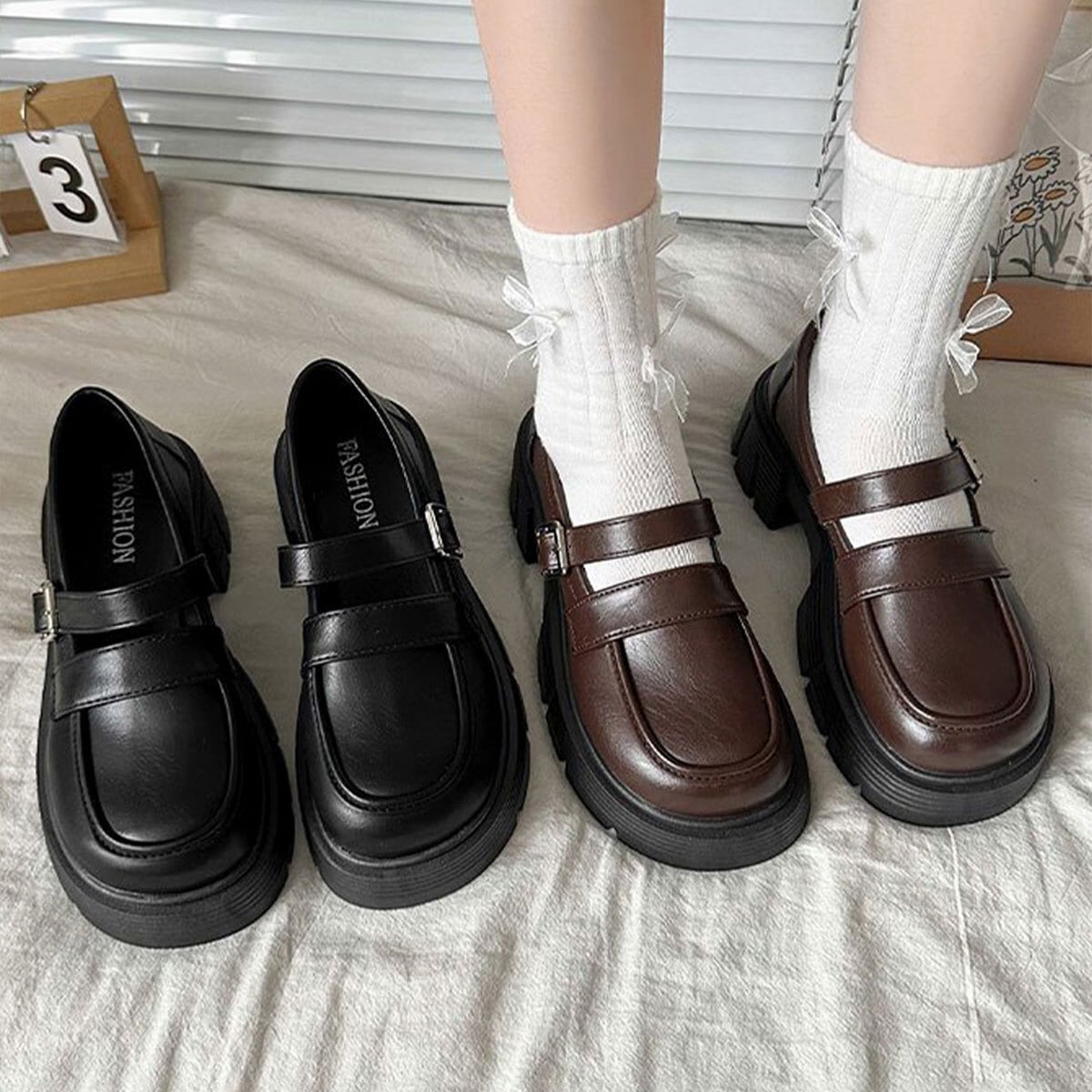 厚底 ローファー ダブルベルト レディース 韓国 PUレザー 通勤 通学 学生 大人 きれいめ シンプル ガーリー シューズ 靴 トラックソール ラウンドトゥ 大人可愛い 大人女子