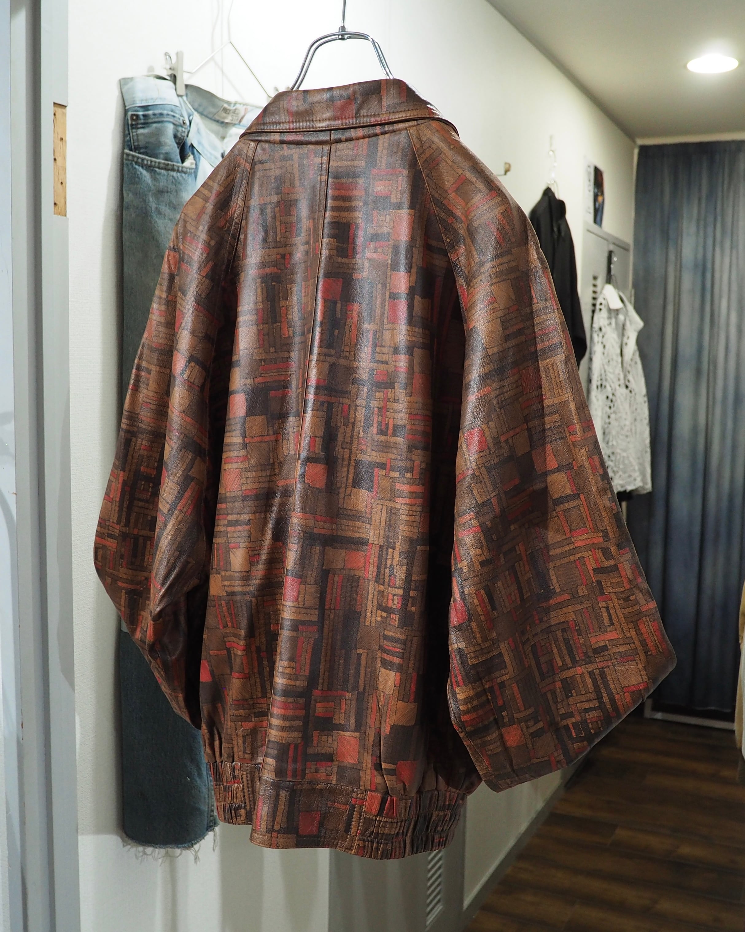 1990s Beautiful Abstract Square Pattern Vintage Loose Sheep Leather Jacket